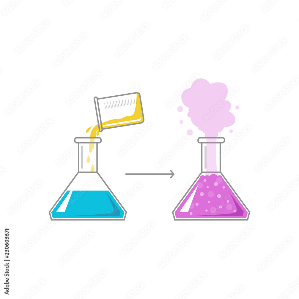 Laboratory conical and round-bottom flasks filled with colorful liquids and connected by wire. Concept of chemical reaction, lab or scientific experiment. Vector illustration for banner, website. Laboratory conical and round-bottom flasks filled with colorful liquids and connected by wire. Concept of chemical reaction, lab or scientific experiment. Vector illustration for banner, website.
