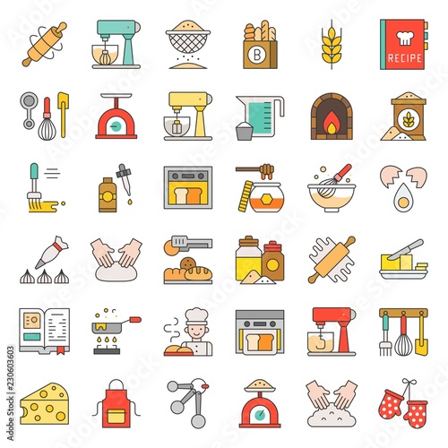 bakery and pastry shop related flat design icon set editable stroke