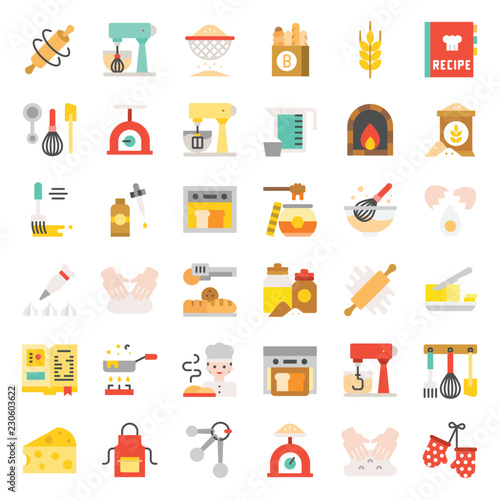 bakery and pastry shop related flat design icon set