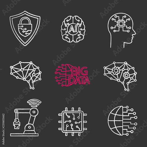 Artificial intelligence chalk icons set