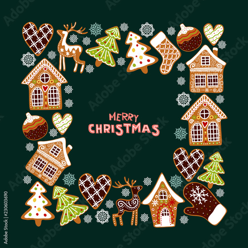 Gingerbread cookies background with an editable blank space in the middle. Christmas greeting card template.