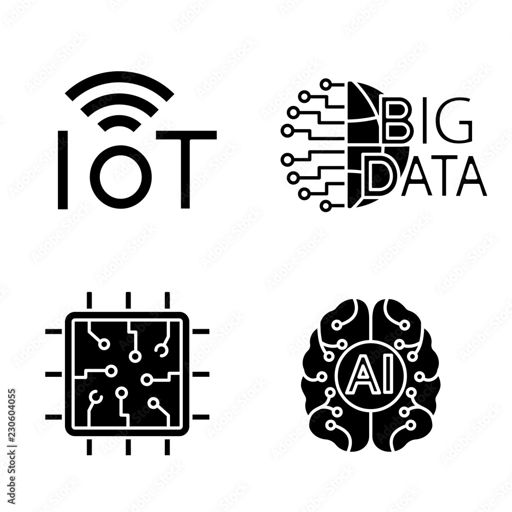 Artificial intelligence glyph icons set Artificial intelligence glyph icons set