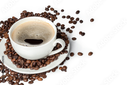White cup of black coffee with roasted coffee beans