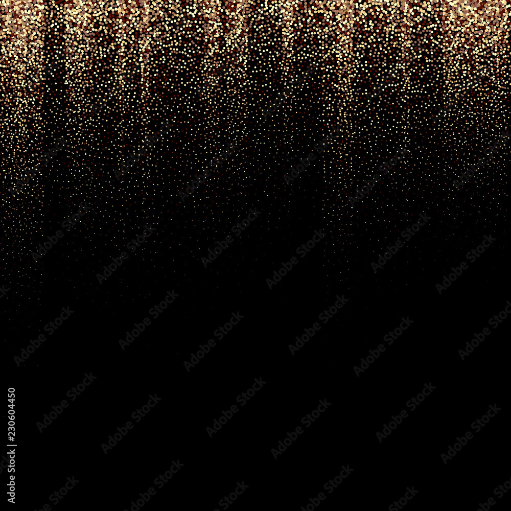 Gold glitter background with sparkle shine light confetti. Vector glittering black background. Golden shimmer texture for luxury backdrop design. Gold glitter background with sparkle shine light confetti. Vector glittering black background. Golden shimmer texture for luxury backdrop design.