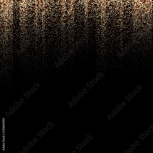 Gold glitter background with sparkle shine light confetti. Vector glittering black background. Golden shimmer texture for luxury backdrop design.