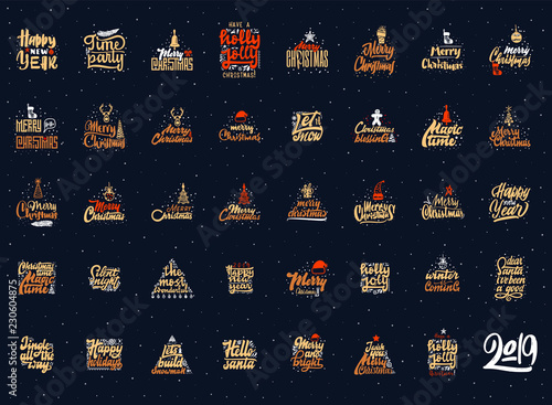 Merry Christmas and Happy New Year 2019 typographic emblems set. Vector logo handmade lettering and calligraphy, text design. Usable for banners, greeting cards, gifts etc.