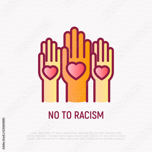 No to racism thin line icon: hands with hearts on their palms. Modern vector illustration of tolerance, social equality.