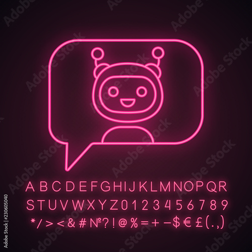 Chatbot in speech bubble neon light icon
