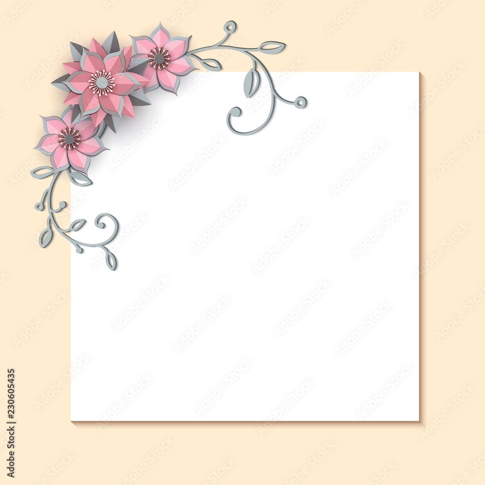 Paper cut design with flower composition on white sheet. Beautiful angle  background with paper leaves in gray and pink colour. Element of frame for  floral greeting card. Vector illustration. Stock Vector |