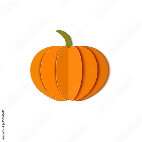 Paper cut orange pumpkin. Origami whole sweet pumpkin. Design elements for Halloween party, Thanksgiving Day card. Vector illustration. Paper art style.