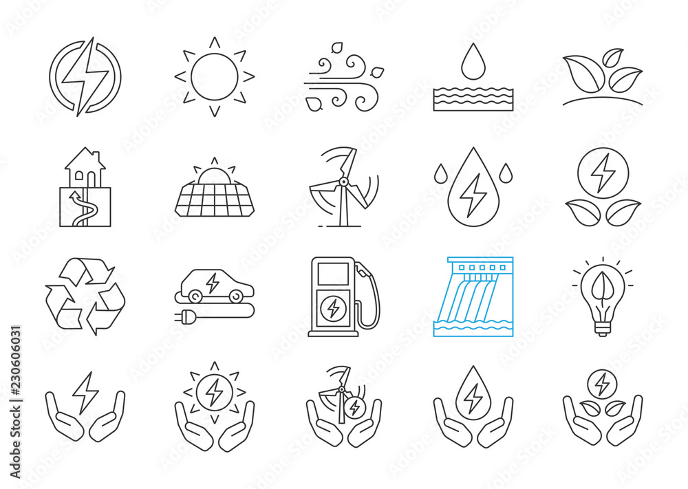 Alternative energy sources linear icons set