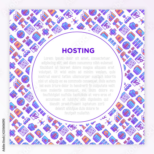 Hosting concept with thin line icons: VPS, customer support, domain name, automated backup, SSD, control panel, secure server, local network, SSL. Modern vector illustration for banner, print media.