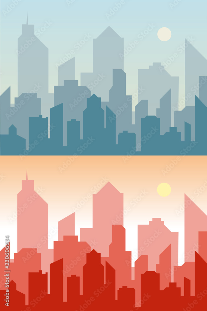 Set of cityscape background. Skyline silhouettes. Modern architecture. Blue urban landscape. Horizontal banner with megapolis panorama. Vector illustration