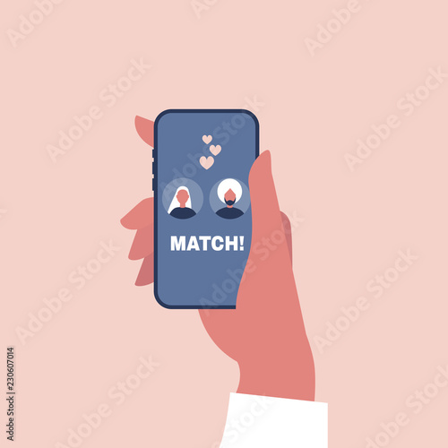 Dating service, mobile application. Hand holding a smart phone. Love and relationships. Interracial couple. Flat editable vector illustration, clip art