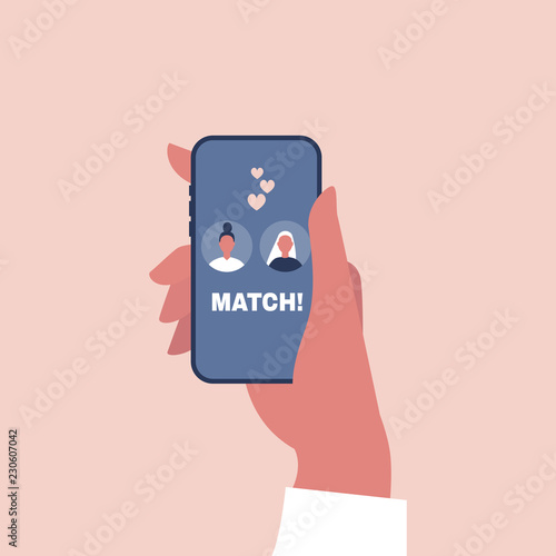 Dating service, mobile application. Hand holding a smart phone. Love and relationships. Lesbian couple. LGBTQ. LGBTQ+. LGBT. Homosexual. Flat editable vector illustration, clip art