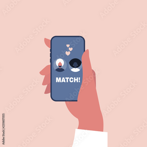 Dating service, mobile application. Hand holding a smart phone. Love and relationships. Interracial couple. Flat editable vector illustration, clip art