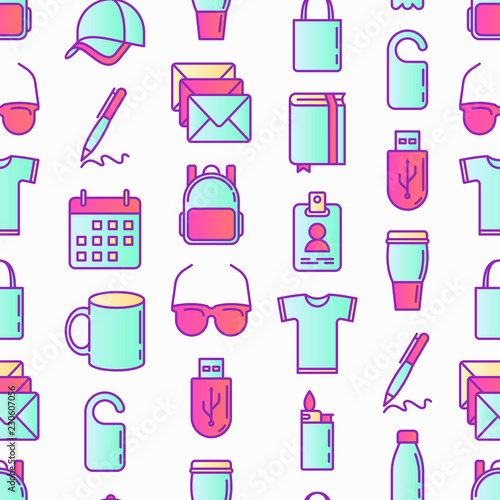 Promotional products seamless pattern with thin line icons: notebook, tote bag, sunglasses, t-shirt, water bottle, pen, backpack, cup, travel mug, usb, lighter, calendar. Modern vector illustration.