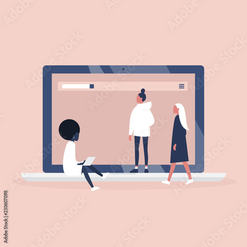 Feminism. Women's platform. Website. Female community. Laptop screen. Digital project for girls. Flat editable vector illustration, clip art © nadia_snopek