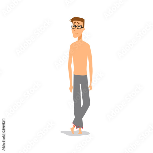 weak nerd man shirt less with sad looking in his face vector art illustration