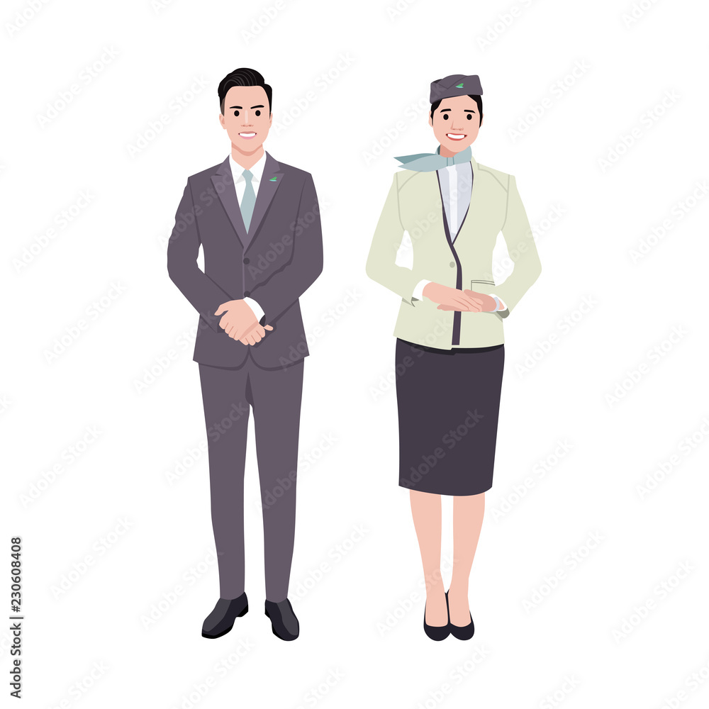 Aircraft or cabin crew with steward or pilot and stewardess icons. Friendly flight attendants and copilot. Smiling characters in working uniform Aircraft or cabin crew with steward or pilot and stewardess icons. Friendly flight attendants and copilot. Smiling characters in working uniform