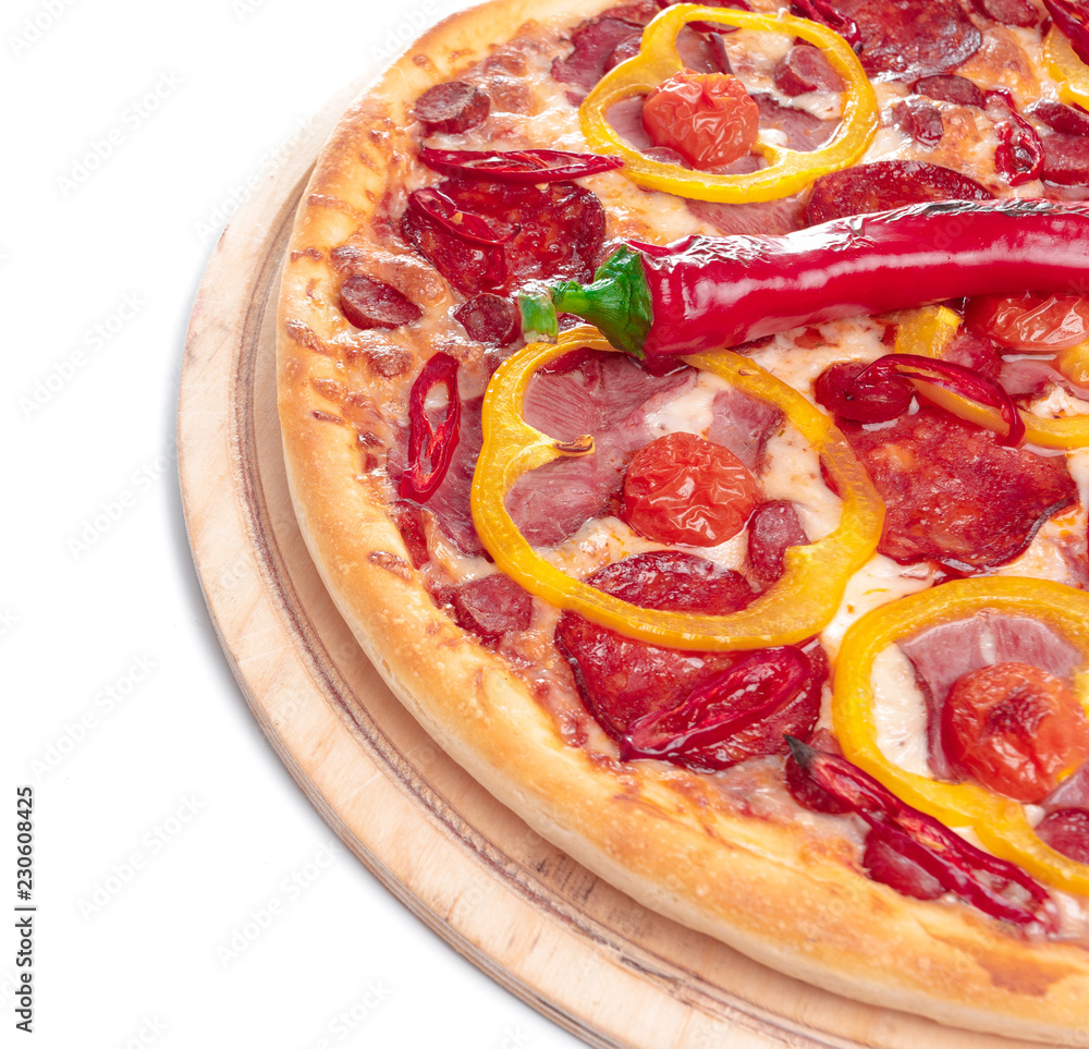 Italian fast food. Delicious hot pizza sliced and served on wooden platter isolated on white background