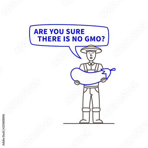 Farmer holds big eggplant vector illustration. Farmer says Are you sure there is no GMO line art concept.