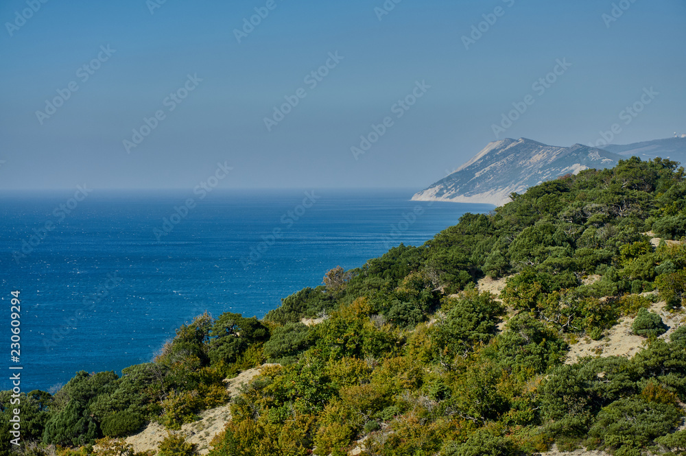 The black sea with blue water on a clear sunny day and mountains with forests are ideal for relaxing. The sun, the mountains and the sea is a great concept of nature for design.