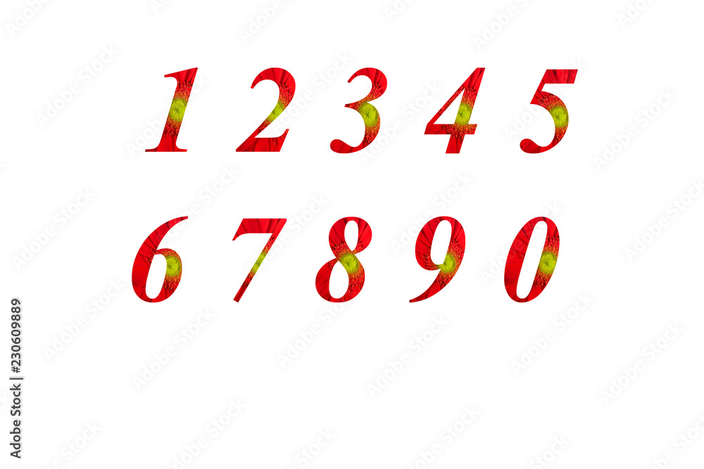 Floral red Numbers on white background.