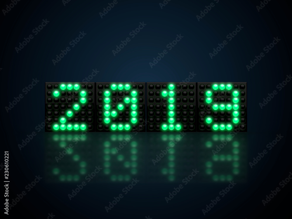 2019 new year on green led display glowing in the dark