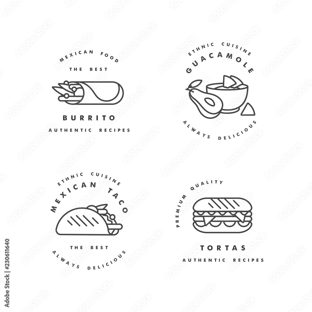 Vector set of design templates logos and emblems - mexican food. Mexican national traditional food. Logos in trendy linear style isolated on white background. Vector set of design templates logos and emblems - mexican food. Mexican national traditional food. Logos in trendy linear style isolated on white background.