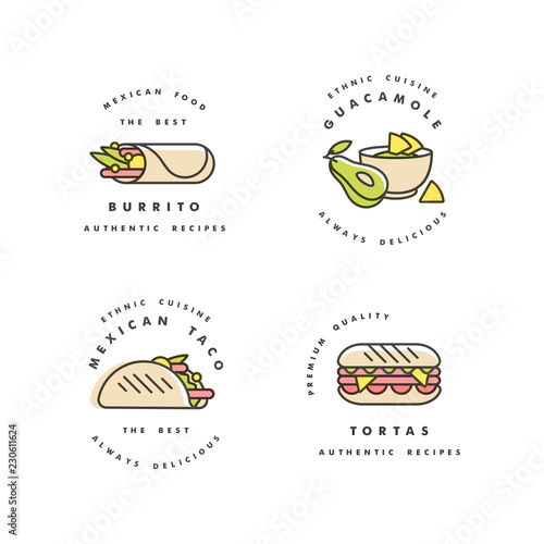 Vector set of design templates logos and emblems - mexican food. Mexican national traditional food. Logos in trendy linear style isolated on white background.
