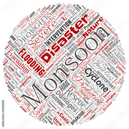 Vector conceptual monsoon dangerous weather round circle red meteorology word cloud isolated background. Collage of tropical dramatic storm force, strong wind blowing, rain hail thunderstorm concept