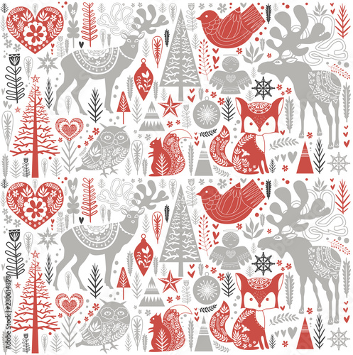 Cute Christmas pattern in Scandinavian style. Editable vector illustration