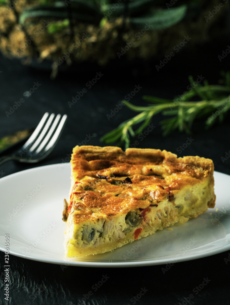 Delicious quiche on a plate on a dark background
Delicious quiche on a plate on a dark background