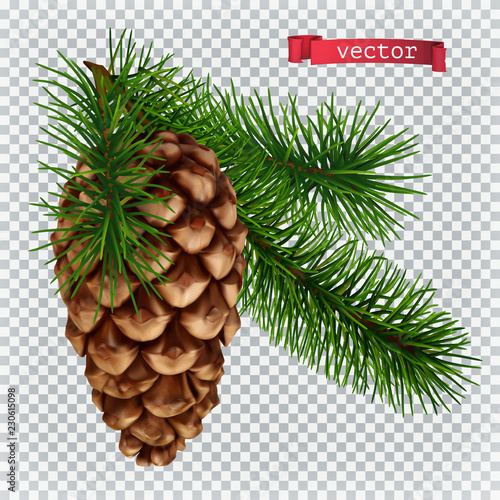 Pine cone christmas decoration. 3d realistic vector icon