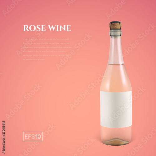 Photorealistic bottle of rose sparkling wine on a pink background. Mock up transparent bottle of wine. Template for presentation in a minimalist style.