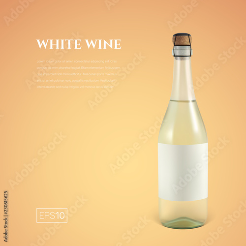 Photorealistic bottle of white sparkling wine on a yellow background. Mock up transparent bottle of wine. Template for presentation in a minimalist style.