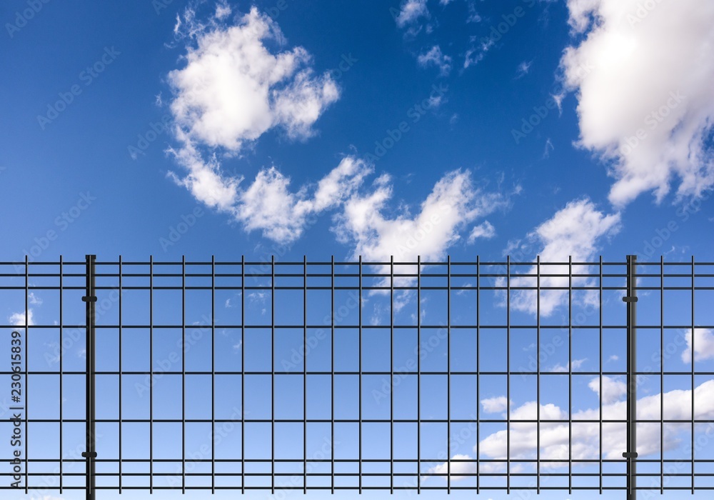 grating wire industrial fence panels with clouds sky background, pvc metal fence panel. 3D