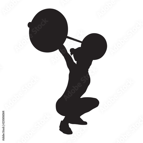 Weight lifting, woman lifts big barbell, isolated vector silhouette, side view