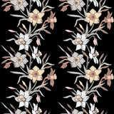 Floral seamles vertical border with hand drawn flowers daffodils, narcissus. Monochrome floral elements on black background. Design for textile, fabric, wallpaper, packaging.Vector Illustration