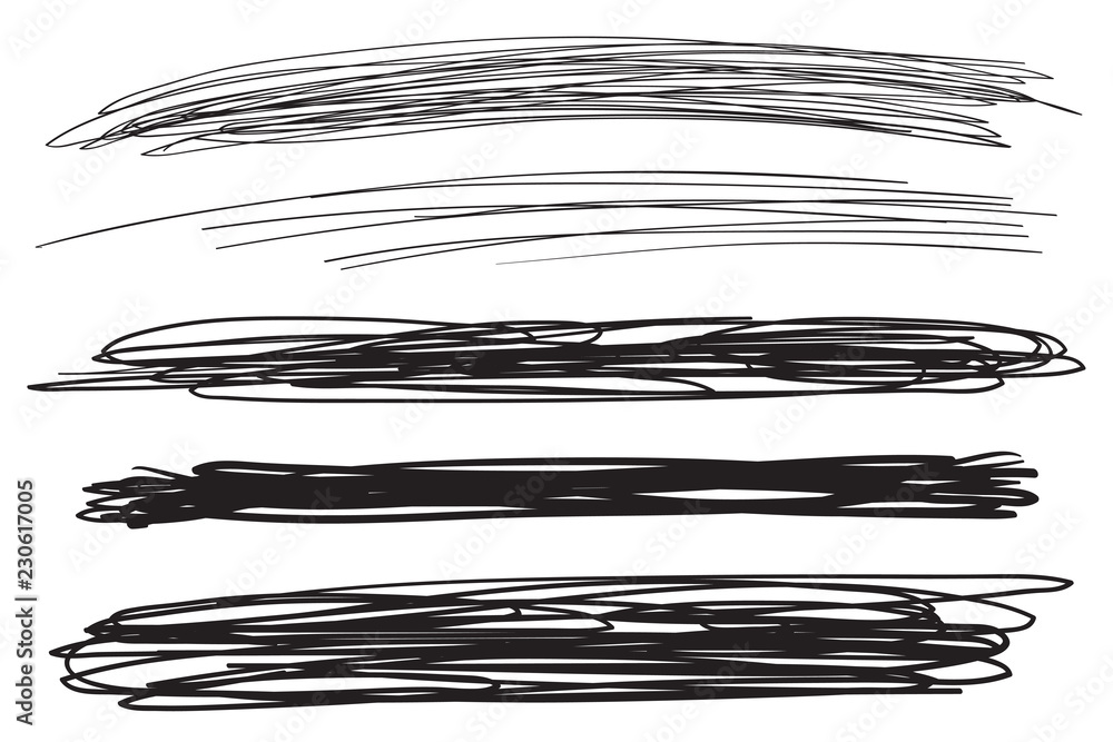 Set of chaotic shapes on white. Abstract tangled textures. Hand drawn dinamic scrawls. Rectangle background with stripes. Universal linen pattern. Line art creation. Black and white illustration Set of chaotic shapes on white. Abstract tangled textures. Hand drawn dinamic scrawls. Rectangle background with stripes. Universal linen pattern. Line art creation. Black and white illustration