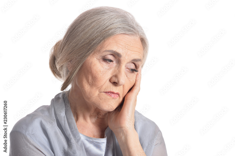 Portrait of beautiful sad senior woman on white background Portrait of beautiful sad senior woman on white background