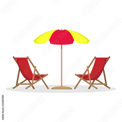 Two beach beds with sun umbrella. Vector illustration.