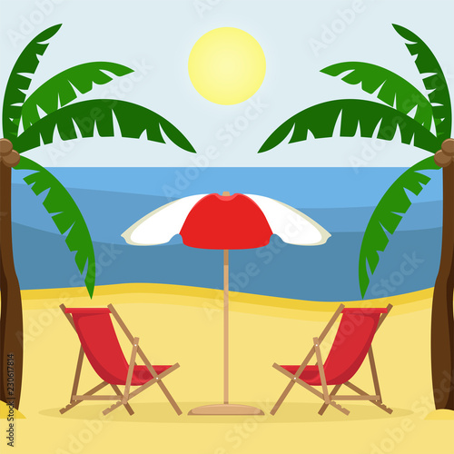 Two sunbeds with sun umbrella on the sandy beach with palm trees. Vector illustration.