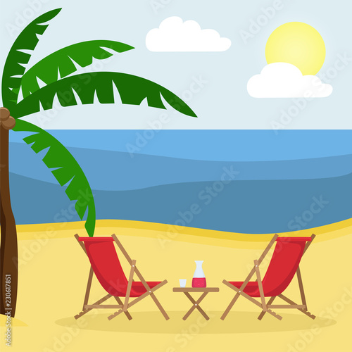 Two sunbeds with sun umbrella on the sandy beach with palm trees. Vector illustration.