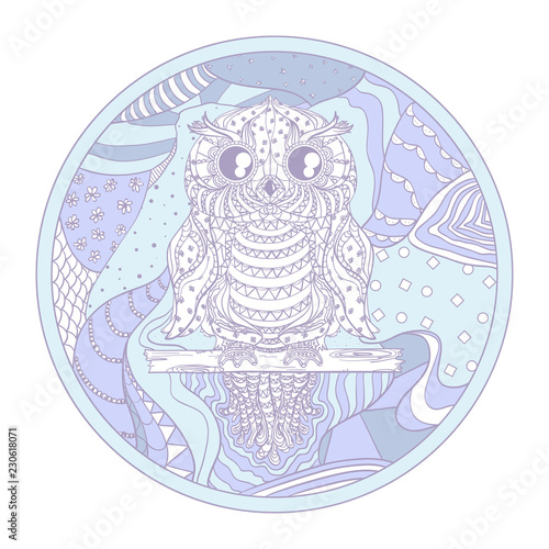 Zendala with owl on white. Zentangle. Hand drawn circle mandala with abstract patterns on isolated background. Design for spiritual relaxation for adults. Vintage and retro style