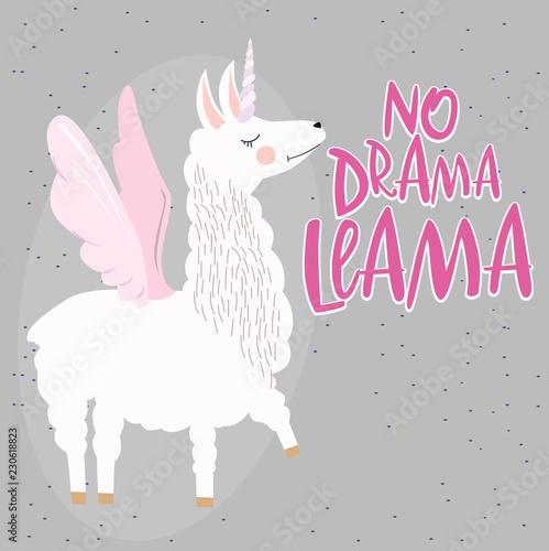 Fun poster " No drama llama" with Cute Alpaca character. Editable vector illustration