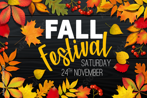 November fall autumn festival announcement, invitation banner design, template with fallen leaves, realistic colorful foliage with text