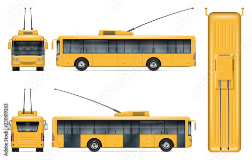 Yellow trolleybus vector mockup on white for vehicle branding, corporate identity. View from side, front, back, top. All elements in the groups on separate layers for easy editing and recolor