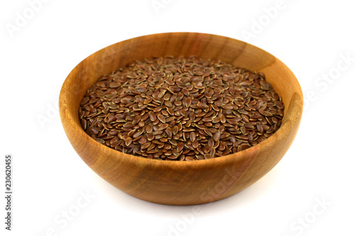 Isolated Flax Seed in Wooden Bowl (Flaxseed).